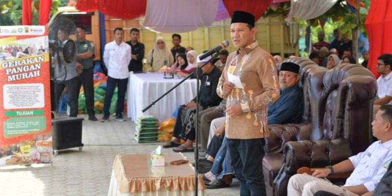 Wakil Gubernur Aceh, Fadhlullah, SE, saat menyampaikan sambutan pada peluncuran Gerakan Pangan Murah, yang diselenggarakan Dinas Pangan Aceh di halaman Masjid Baitul Istiqamah Gampong Teupien Raya. Kec. Glumpang Tiga, Kab. Pidie, Rabu (26/3/2025).