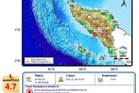 Gempa bumi tektonik dengan magnitudo 4,7 mengguncang wilayah Aceh Barat Daya pada Senin (24/3/2025) pukul 21.26 WIB. Foto: BMKG